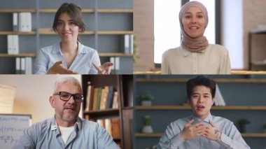 Çok ırklı katılımcılar sanal bir toplantıya katılıyorlar, fikirlerini ve görüşlerini kendi konumlarından paylaşıyorlar..