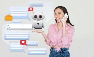 Bayan, avucunun içinde sanal bir asistanla konuşurken telefonda konuşuyor. Yapay zekanın iletişimdeki rolünü vurgulayan ileti baloncukları ve simgeleri asistan içerir.