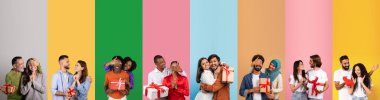 A joyful collection of diverse couples sharing affection and exchanging gifts for Valentines Day. They express love and happiness in a colorful, vibrant setting filled with cheerful energy. clipart