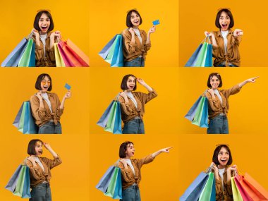 Neşeli bir alışverişçi, canlı bir Kara Cuma etkinliği sırasında renkli çantalarla poz verir. Bireyler sevinç ve heyecan ifade ediyor, alışveriş tekliflerini ve satışları vurguluyor.