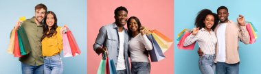 Couples enjoy shopping together while holding colorful bags filled with exciting purchases. Its a vibrant atmosphere perfect for Black Friday sales and special offers, showcasing their enthusiasm. clipart