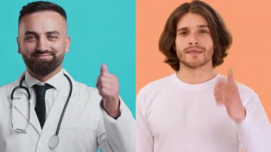 Beyaz laboratuvar önlüğü ve steteskop giyen bir adam gülümserken başparmağını kaldırır. Yanında beyaz tişörtlü bir hasta var. O da başparmağını kaldırıyor..