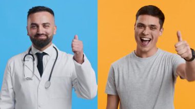 Beyaz önlüklü bir doktor gülümsüyor ve sıradan tişörtlü genç bir adamın yanında onaylıyor. Her ikisi de renkli ve canlı bir geçmişi var..