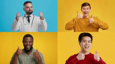 Çeşitli geçmişlere sahip dört mutlu insan, canlı ve sağlam arka planlara karşı dururken olumlu jestler gösteriyor. Onların neşeli ifadeleri bir onay ve neşe iletir..