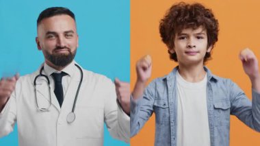 Beyaz önlüklü bir doktor renkli arka planlara karşı genç bir çocukla neşeyle etkileşime geçer. Her ikisi de gülümser ve yumruklarını kaldırır, canlı bir atmosferde sağlık ve mutluluğu simgeler..