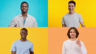 Farklı saç stilleri olan, kameraya doğru gülümseyen ve jestler yapan dört genç adamdan oluşan bir grup. Her biri farklı renklerde canlı ve renkli bir arka plana karşı..