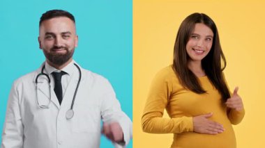 Beyaz önlük giyen bir doktor gülümseyip olumlu hareket ederken, sarı kazaklı hamile bir kadın bebek şişliğini gösteriyor. Her ikisi de canlı arka planlara karşı..