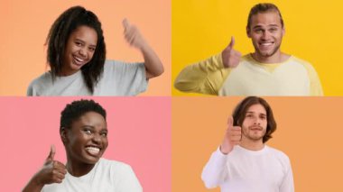 Dört genç yetişkin, farklı arka planlar sergileyerek olumlu hareketler sergiliyor. Mutluluk ve onayı temsil eden canlı renkli arka planlara karşıdırlar..