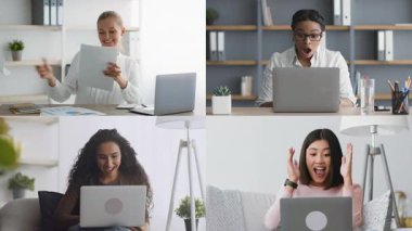 Çevrimiçi bir toplantıda dizüstü bilgisayarlarla bağlanan dört kişi, farklı ortamlardan uzaktan çalışırken çeşitli tepkiler ve duygular sergileyerek sevinç ve şaşkınlıklarını dile getiriyorlar..
