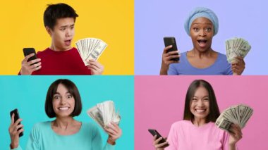 Dört bireyden oluşan çeşitli bir grup neşe ve heyecanı ifade ediyor, renkli arka planlara karşı para ve akıllı telefonlar tutuyorlar, finansal mutluluğun gösterişli anlarını gösteriyorlar..