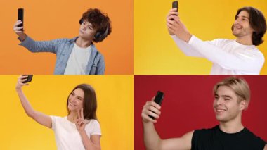 Dört birey neşeli bir şekilde selfie çekiyor. Parlak, renkli arka planlara karşı. Her birinin farklı bir ifadesi var. Keyiflerini ve akıllı telefonlarıyla nişanlarını sergiliyorlar..