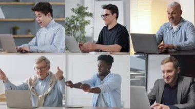 Çeşitli bireylerden oluşan bir grup, parlak ve modern bir çalışma alanında dizüstü bilgisayar kullanırken çeşitli duygular ifade eder.