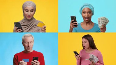 Dört birey, telefonlarını ve kartlarını ya da paralarını kullanırken çeşitli duyguları ifade eder. Parlak arka planda çevrimiçi alışveriş ve mali faaliyetlerdeki farklı deneyimler vurgulanıyor.