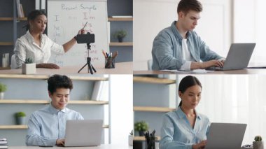 Çeşitli bir grup çevrimiçi dil dersine katılırken, bir kişi öğretmenlik yapıyor ve diğerleri laptoplarına odaklanıyor