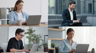 Çeşitli geçmişlere sahip dört kişi zıt ortamlarda dizüstü bilgisayarlarına odaklanmış durumda. Üstteki yarıda dışarıda takım elbiseli bir adam ve içeride rahat giyinen bir kadın var.