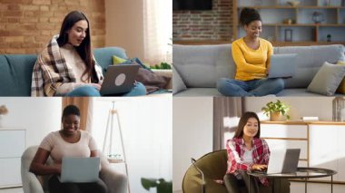 Dört kadın farklı ev ortamlarında dizüstü bilgisayarlarıyla çalışıyor. Çeşitli biçim ve ayarlar sergiliyorlar, uzaktan çalışmaların esnekliğini ve erişilebilirliğini vurguluyorlar.