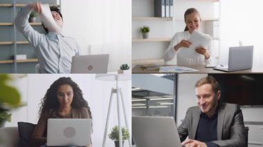 Çağdaş çalışma ortamı ve çeşitli rolleri ön plana çıkaran dört kişi, evrak işleri, dizüstü bilgisayarlar ve dijital işbirliğiyle farklı ofis ortamlarında çalışma görevlerine odaklanmış durumda..