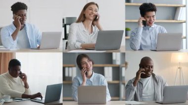 Çeşitli bireyler sanal toplantılara katılıyor, her biri evde dizüstü bilgisayarlarının önünde oturuyorlar, telefonla konuşuyorlar.
