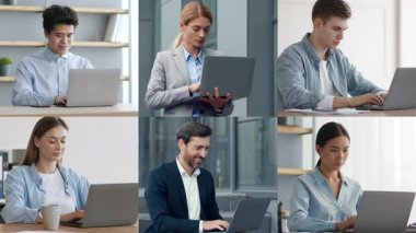 Modern bir ofiste dizüstü bilgisayarlar üzerinde çalışan altı kişi, her biri görevlerine odaklanmış ve çeşitli pozlar ve kıyafet tarzlarını profesyonel bir ortamda sergiliyor..