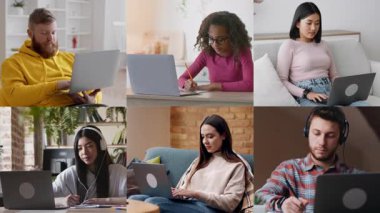 Altı kişilik bir grup, farklı ev ortamlarında dizüstü bilgisayarlarına odaklanmış, öğleden sonra ışığı altında çeşitli iş stilleri ve ayarları sergiliyor, uzaktan çalışma çeşitliliğini vurguluyor.
