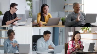 Her biri farklı ifadeler sergileyen altı katılımcı ev ofislerinden sanal bir toplantıya katılıyor. Çevre çalışma saatlerinde işbirlikçi bir atmosfer öneriyor.