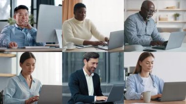 Modern ofis ortamında, altı bireyden oluşan farklı bir grup dizüstü bilgisayarlarına odaklanmış durumda. İşleriyle meşgulken çeşitli ifadeler sergilerler..