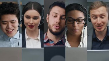 Her biri kulaklık takan ve bilgisayarlarına odaklanan, çağdaş bir ofis ortamında işbirliği ve iletişim sergileyen beş profesyonelden oluşan çeşitli bir grup sanal bir toplantıya katılıyor..