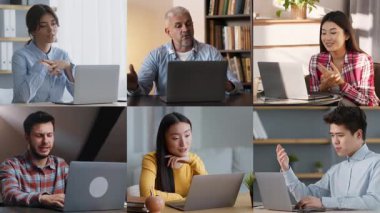 Katılımcılar, evlerindeki projeleri tartışırken çeşitli ifadeler ve jestler sergilerken, hepsi de iş günlerinde dizüstü bilgisayarlarına odaklanmış sanal bir toplantıya katılıyorlar..