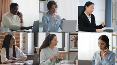 Çeşitli profesyoneller sanal toplantılara katılıyor, çağdaş bir ofis ortamında kendi çalışma yerlerinden fikirleri ve stratejileri tartışıyorlar..