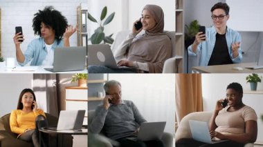 Her biri cep telefonu ve dizüstü bilgisayar kullanan, tamamen sohbete dalmış, çeşitli ev ayarlarından sanal toplantılara katılan altı kişilik bir grup,.