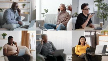 Çeşitli bireyler evlerinde çalışırken telefon görüşmelerine katılıyorlar. Kişisel eşyalarla çevrili rahat bir ortamda oturuyorlar..