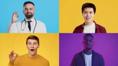 Farklı geçmişlerden gelen dört kişilik bir grup olumlu jestler sergiliyor. Günlük kıyafetler giyiyorlar ve canlı renklere uygun bir doktor önlüğü giyiyorlar..