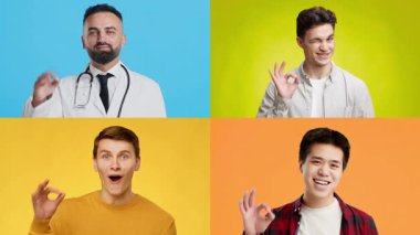 Farklı geçmişleri olan dört adam elleriyle iyi bir jest yapıyor. Her adam farklı giyiniyor, renkli geçmişlerine karşı koyuyor, sağlık hizmetlerine dahil olmayı teşvik ediyor..