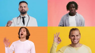 Çeşitli erkeklerden oluşan bir derleme renkli ortamlarda olumlu jestler sunar, sağlık hizmetlerinde birlik ve pozitifliği vurgular.