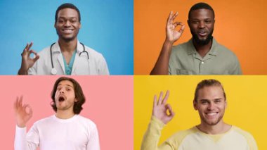 Farklı geçmişlere sahip dört adam, sağlık ve refah mesajını destekleyen iyi bir el hareketi sergiliyor. Bu çeşitlilik sağlık hizmetlerinde birliği vurguluyor.