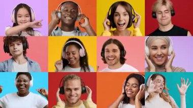 Çeşitli bireylerden oluşan bir grup neşeli bir şekilde kulaklıkla müzik dinliyor, canlı ve renkli bir stüdyo arkaplanında haz ve bağlantı kuruyorlar..