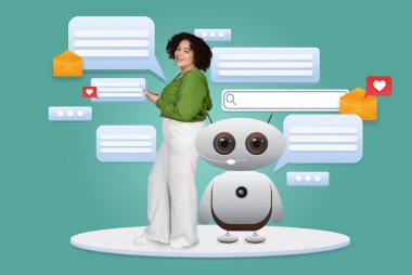 Kadın, dijital mesaj ikonları ve modern teknolojiyi temsil eden uygulamalar arasında dost bir yapay zeka asistanıyla iletişim kuruyor. Bu, yapay zekanın iletişimi ve desteği nasıl geliştirdiğini gösteriyor..
