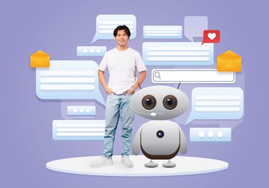 Genç Asyalı bir adam, sohbet baloncuklarıyla dolu canlı bir dijital ortamda etkileşim halinde olan dost canlısı bir robotun yanında duruyor. Ayarlama, yapay zekanın modern iletişimdeki rolünü vurguluyor..
