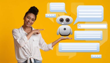 Genç bir kadın sanal yardımın dostane doğasını gösteren dijital bir sohbet robotuyla neşe içinde etkileşime giriyor. Konuşma baloncukları yapay zekanın gelişmiş yeteneklerini vurgular..