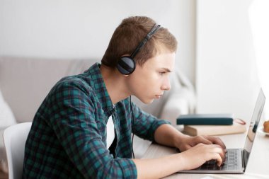 Yoğunlaşmış inek çocuk dizüstü bilgisayar kullanıyor, online ders alıyor, evden ders çalışıyor, boş alan var.