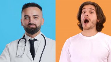 İki adam, biri steteskop ile doktor gibi giyinmiş, diğeri de gelişigüzel giyinmiş, güçlü jestler yapıyorlar. Bu kolaj tıp alanındaki çeşitliliği ve yaşam tarzını vurguluyor.