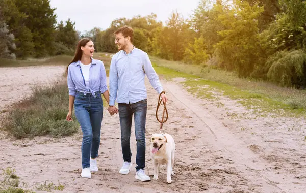 Bağlanma kavramı. İki gülen insan el ele tutuşuyor, dışarıda köpekleriyle vakit geçiriyorlar, güneş ışığı parlıyor.