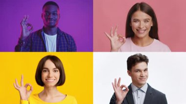 Farklı geçmişlerden dört kişi gülümseyerek iyi bir jest gösteriyor. Her bir kişi, çeşitlilik ve pozitif ifadeyi temsil eden canlı bir renk arkaplanına karşıdır..