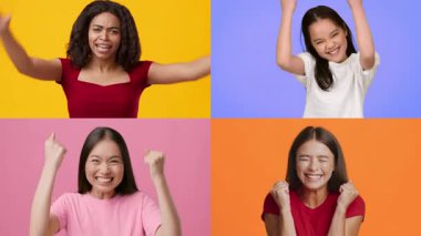 Heyecanlı dört bayan neşeli jestlerle mutluluklarını ifade ederek, canlı geçmişlerine karşı zaferlerini kutluyorlar. Her kadın eşsiz bir zafer ve neşe anını yansıtır..