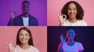 Farklı geçmişlere sahip dört birey, olumlu bir jest yaparak pozitifliklerini ifade ederler. Canlı pembe ve mor arkaplanlara gülümsüyorlar. Uyumlu bir yaşam tarzı sergiliyorlar..