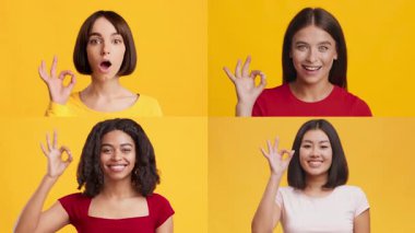 Farklı geçmişlere sahip dört kadın, her biri tamam el hareketi sergileyen canlı sarı bir arkaplan karşısında toplanıyor. İfadeleri şaşkınlıktan neşeye, çeşitlilik ve pozitiflik sergiliyor..