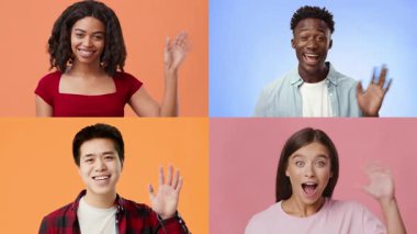 Farklı arkaplanlardan dört kişi canlı arkaplanlara el sallayarak sıcak bir şekilde selamlıyor. Her insan neşe ve dostluğu ifade eder, çeşitliliği gösterir..