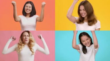 Dört kadın, mutlu ve kararlı ifadelerini geliştiren parlak, renkli geçmişleriyle zaferin heyecan verici jestlerini sergiliyor. Her insan mutlu bir şekilde kazanmanın heyecanını temsil eder..