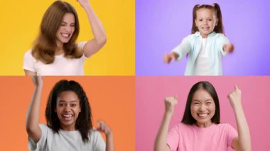 Dört kadın sevinçlerini ve heyecanlarını muzaffer jestlerle ifade ederler..