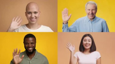 Çeşitli geçmişleri ve yaşları olan dört kişi gülümsüyor ve el sallıyor. Bu neşeli selamlaşmada canlı bir arka plana karşı çok ırklı ve çok ırklı bir koleksiyon sergileniyor.